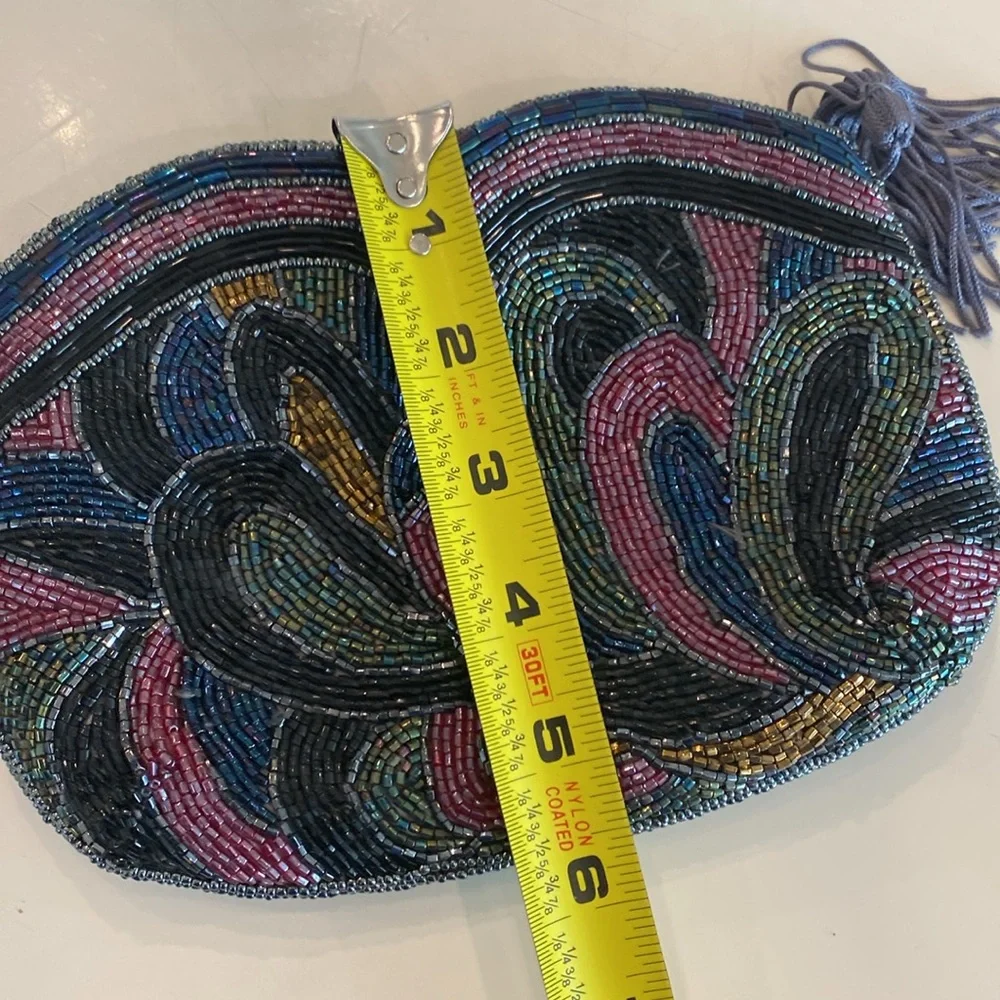 Vintage Beaded Clutch.  Multi‎ cColors on Front, Grey on Back.  Tassels.